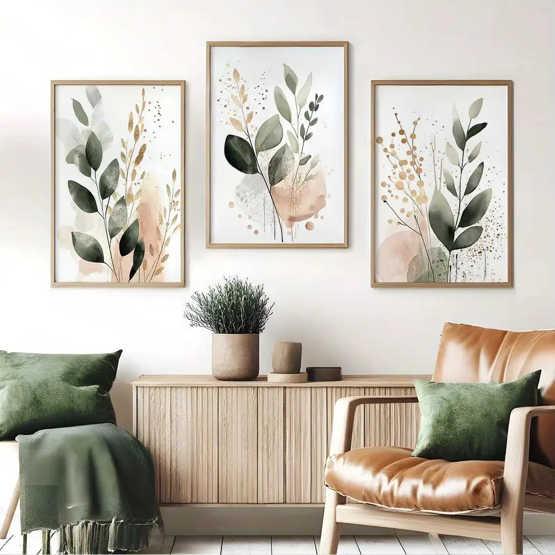 Aquarell-Eukalyptusblatt-Wandkunst-Set, salbeigrüne, zartrosa, neutrale botanische Leinwanddrucke, minimalistische Boho-Heimdekoration