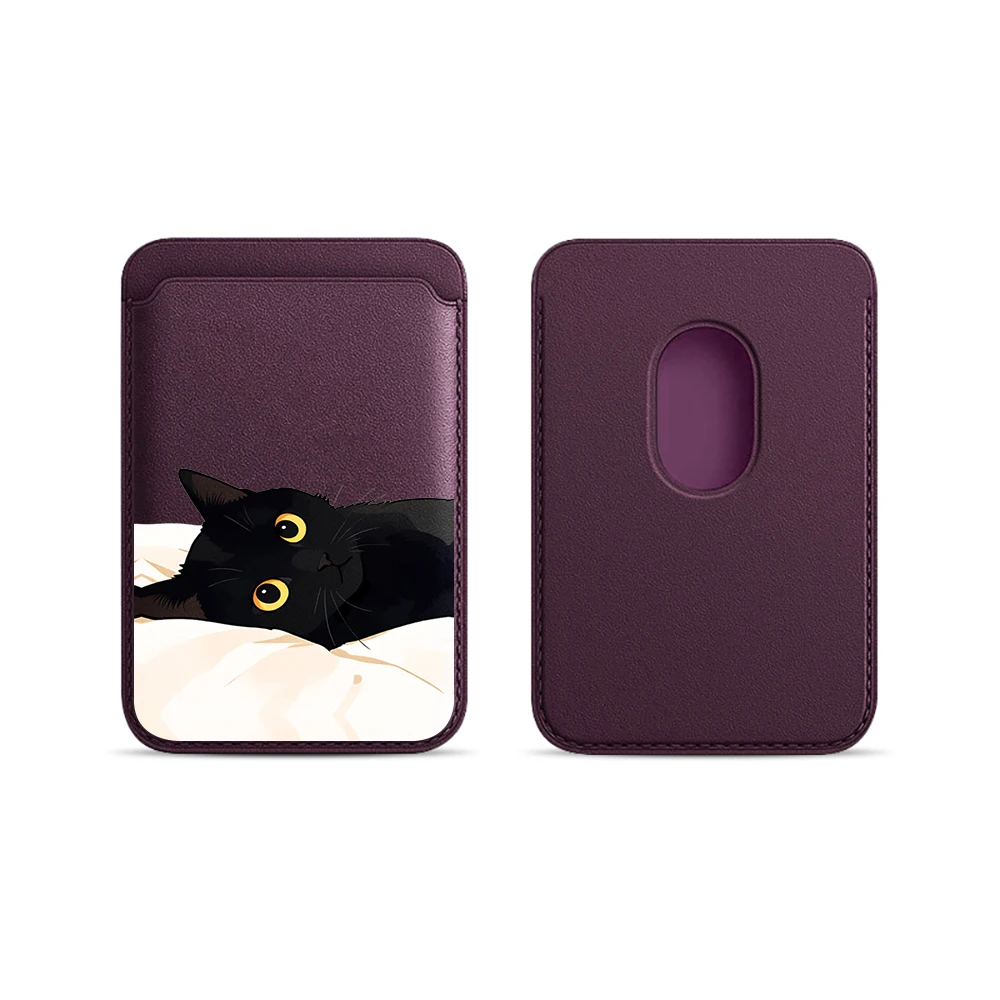 Schwarze Katzen-Leder-Kartenhülle für das Handy, geeignet für alle iPhone-Hüllen, Magsafe magnetische Kartenhalterung, einfache Handy-Rückentasche – Detail 12