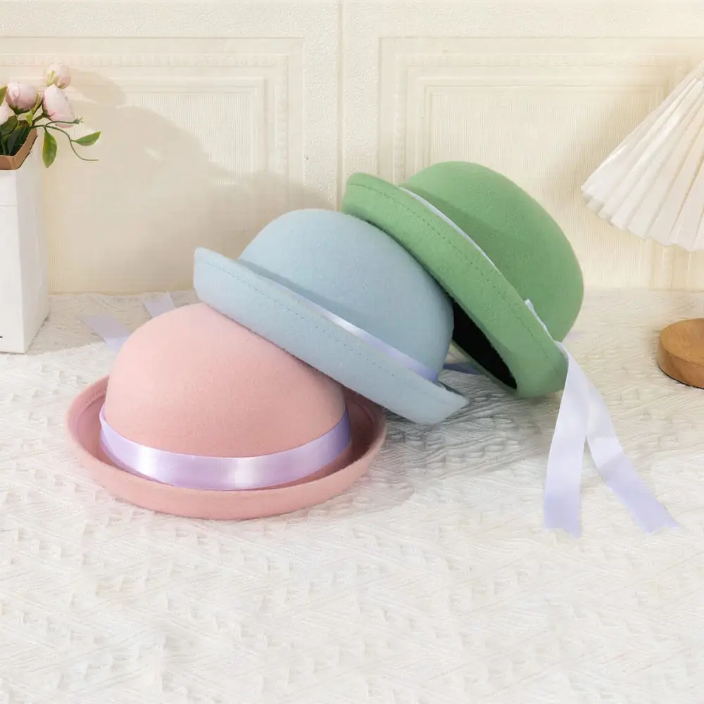Sweet Woolen Fedora Hat With Ribbon Round Top Cap Academy Style Breathable Warm Fashion Accessory For Girls Daily