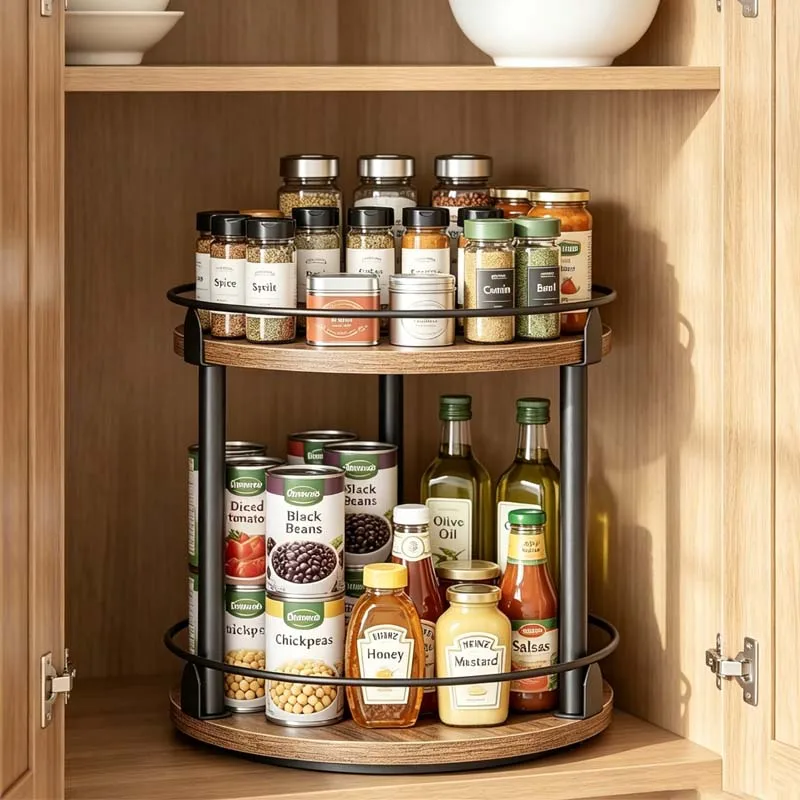 360 Rotating Spice Rack 2 Tier Lazy Susan Organizer with Base Wood Spice Turntable Organizer for Cupboard Kitchen Storage Rack