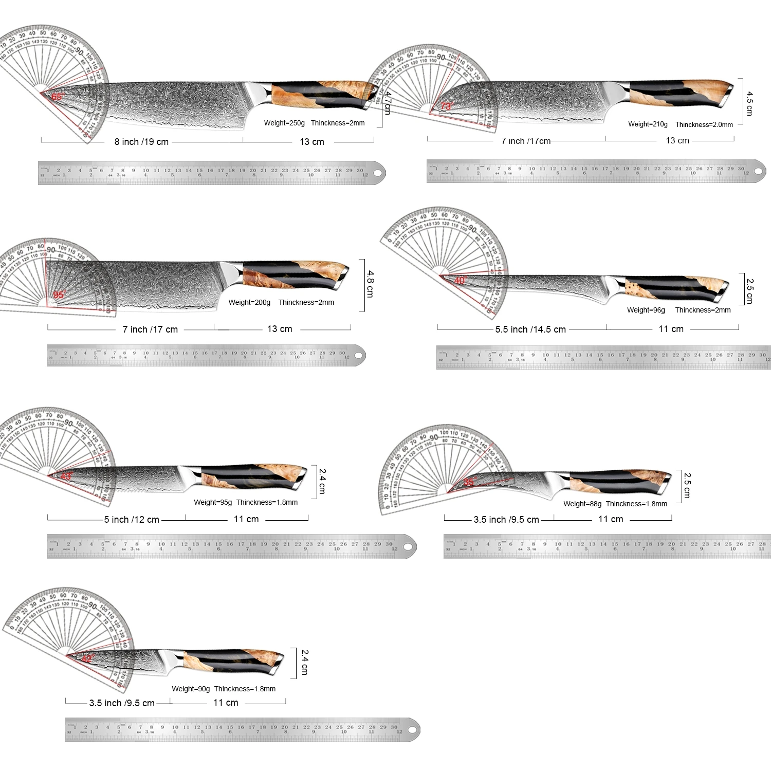 Damascus Steel Kitchen Knife Set 1-6PCS Japanese Chef Knife, Paring Knife, Boning Knife-Ultra Sharp, Black Resin Wood Handle