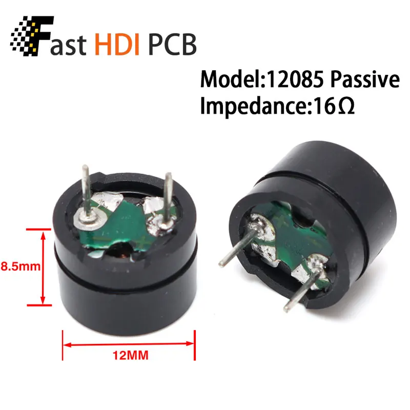 電磁式パッシブブザー 12x8.5mm (16Ω/42Ω) - 多電圧3/5/9/12V交流、断続音出力、外部発振回路必須