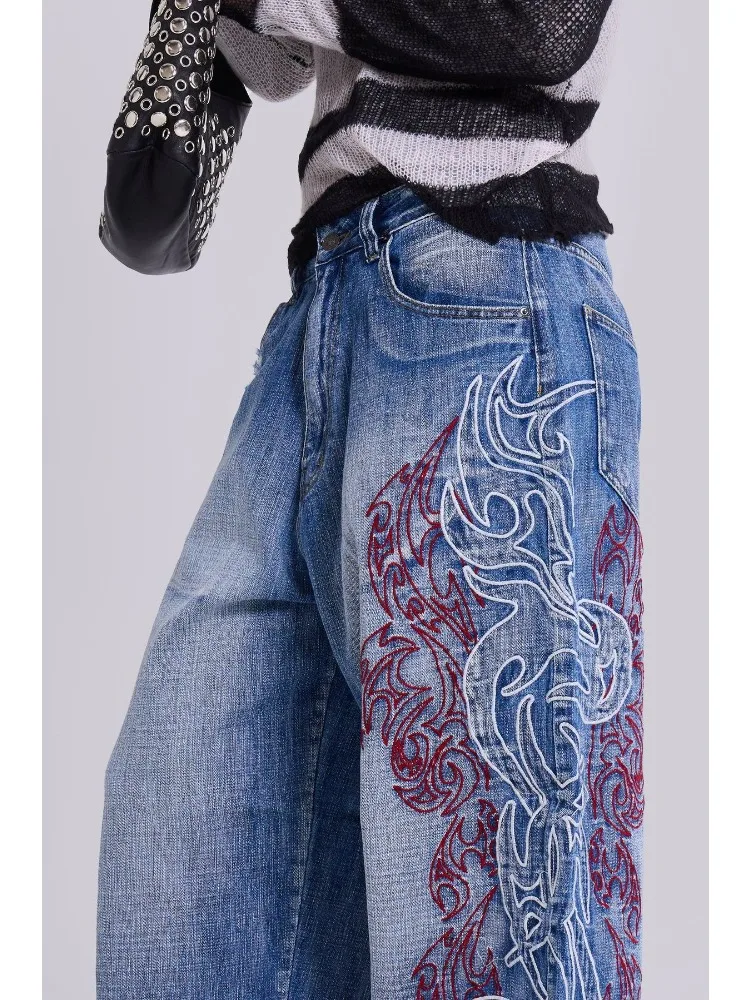 HOUZHOU Y2k グラフィック刺繍ヴィンテージ女性ジーンズ特大ヒップホップアメリカンスタイルストリートワイドレッグデニムパンツ原宿