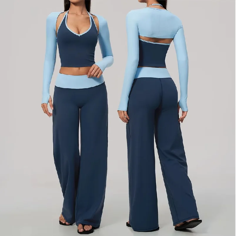 Women 3Piece Yoga Set Fitness Suit Gym Clothing Workout Tracksuit Sportswear Colorblock Halter Long Sleeve Top Wide Leg Pants