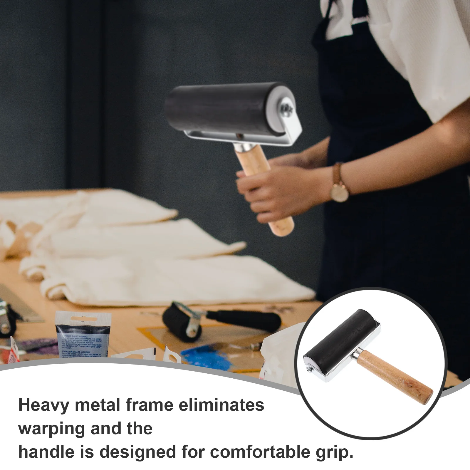 

Rubber Roller Printmaking Tool Durable Heavy Metal Frame Comfortable Grip Easy Ink Glue Spread Scrapbook Wallpaper