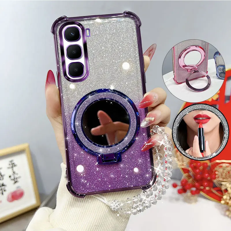 Glitter Four-Corner Shockproof Phone Case with Mirror Stand Beaded Strap For Infinix Hot 60 Pro Plus 60i 4G Back Cover Case