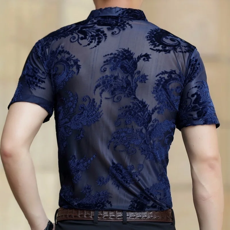 2019 New Short Sleeve Summer Sexy Prom Transparent Shirt Camisa Masculina Chemise Homme Flower See Through Shirt Paisley Pattern