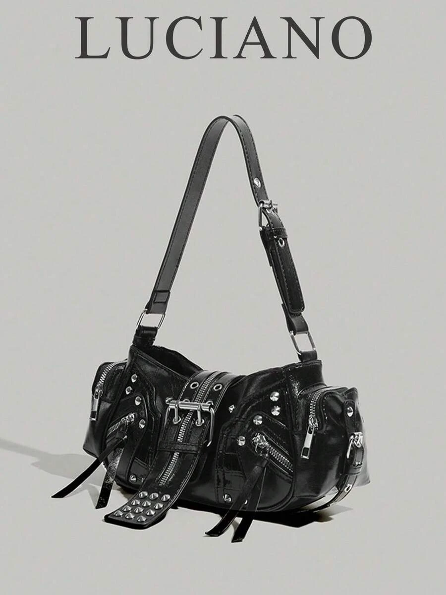 Motorcycle Bag Y2K Large Capacity Multifunctional Rivet Shoulder Crossbody Underarm Bag, Deep Black PU Leather Handbag SKU: SG25021281714057390