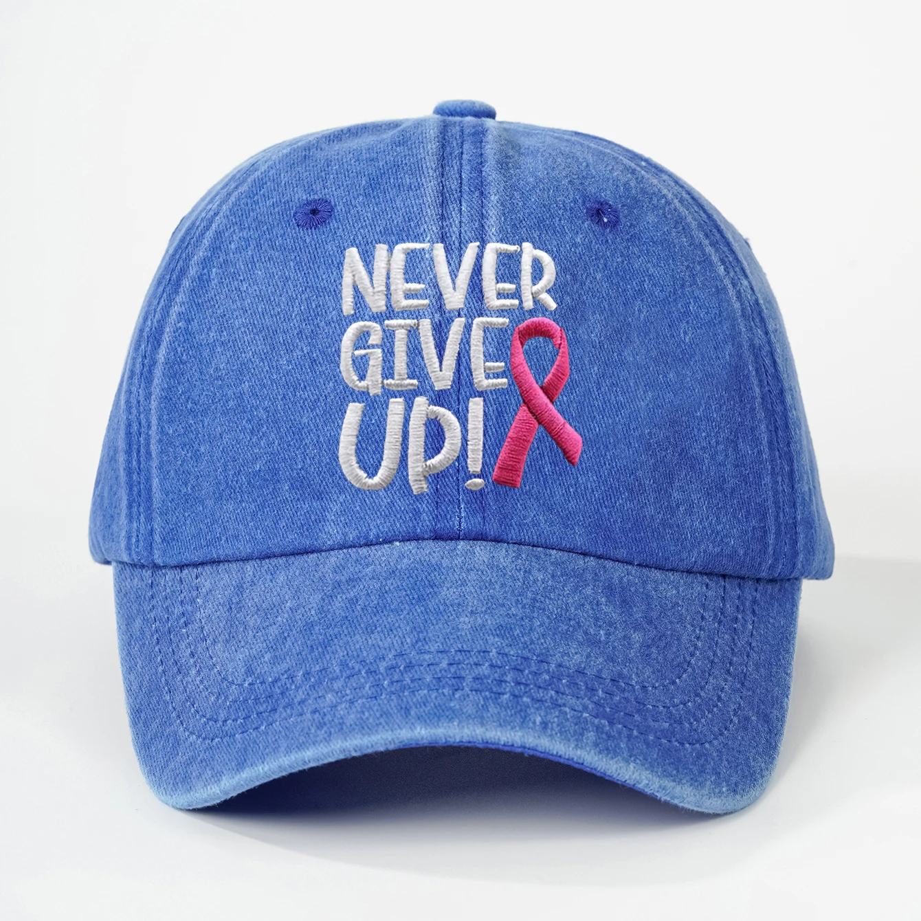 Pink Ribbon Embroidery Baseball Cap Never Give Up Breast Cancer Awareness Dad Hats Washed Distressed Adjustable Sun Hat ForWomen