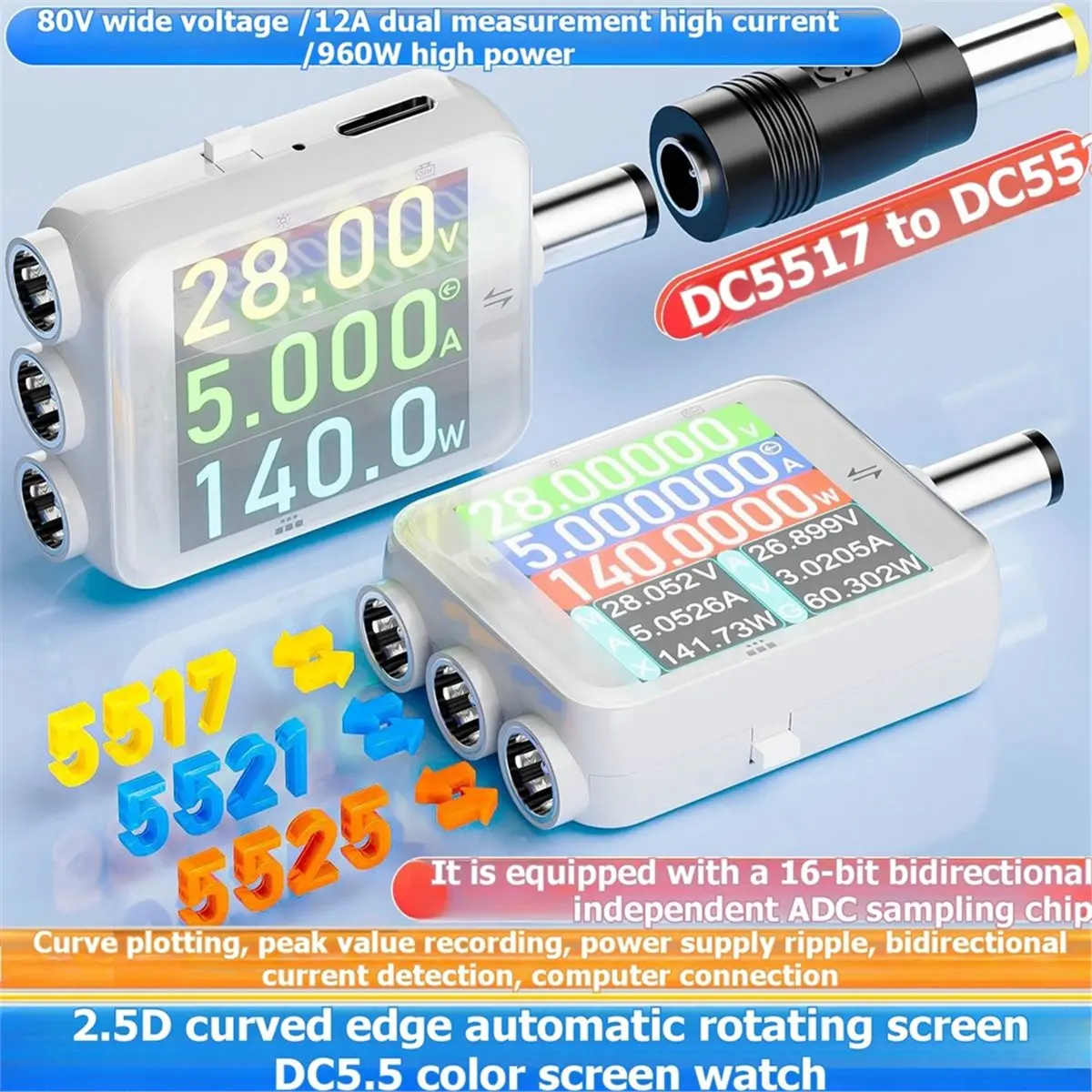 Dynamic B50 DC5.5 Tester Digital Display Voltmeter Ammeter Watt Meter DC Current Voltage Power Monitor 5517 5521 5520 DC Adapter
