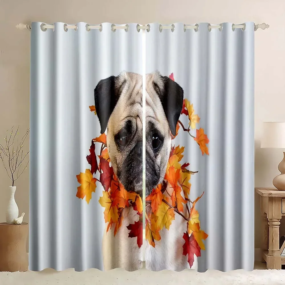

Занавески для окон с изображением мопса, милые шторы с мопсом и кленовым листом, мультяшные занавески с животными, очаровательные занавески с щенками и милыми питомцами, светонепроницаемые шторы