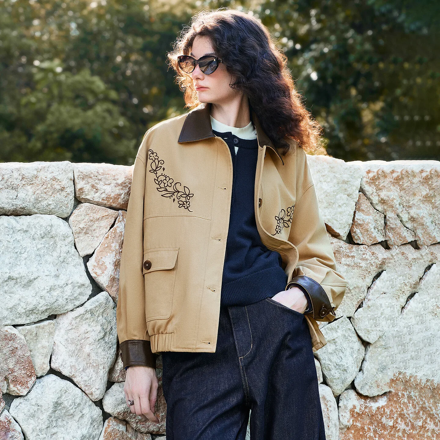 TOYOUTH Women Jacket 2026 Autumn New Embroidery Faux Leather Patch Lapel Loose Urban Nomadic Style Outerwear