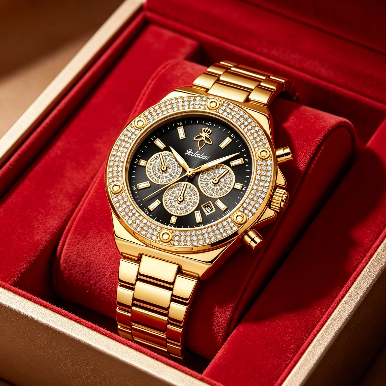 

Luxury Rhinestone Bezel Multi-Dial Chronograph Watch YaLaLuSi, Polished Gold Tone Band Elegant Daily Party Ladies Gift Watch