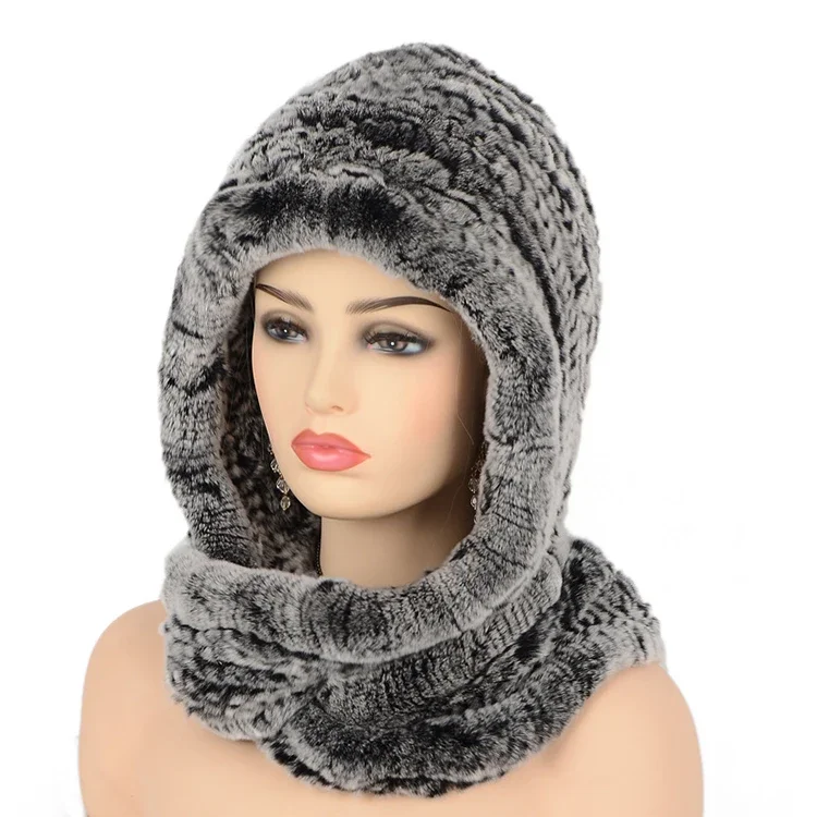 Winter Rex Rabbit Fur Hat Women's Warm Soft Knitted Hats And Scarf Set