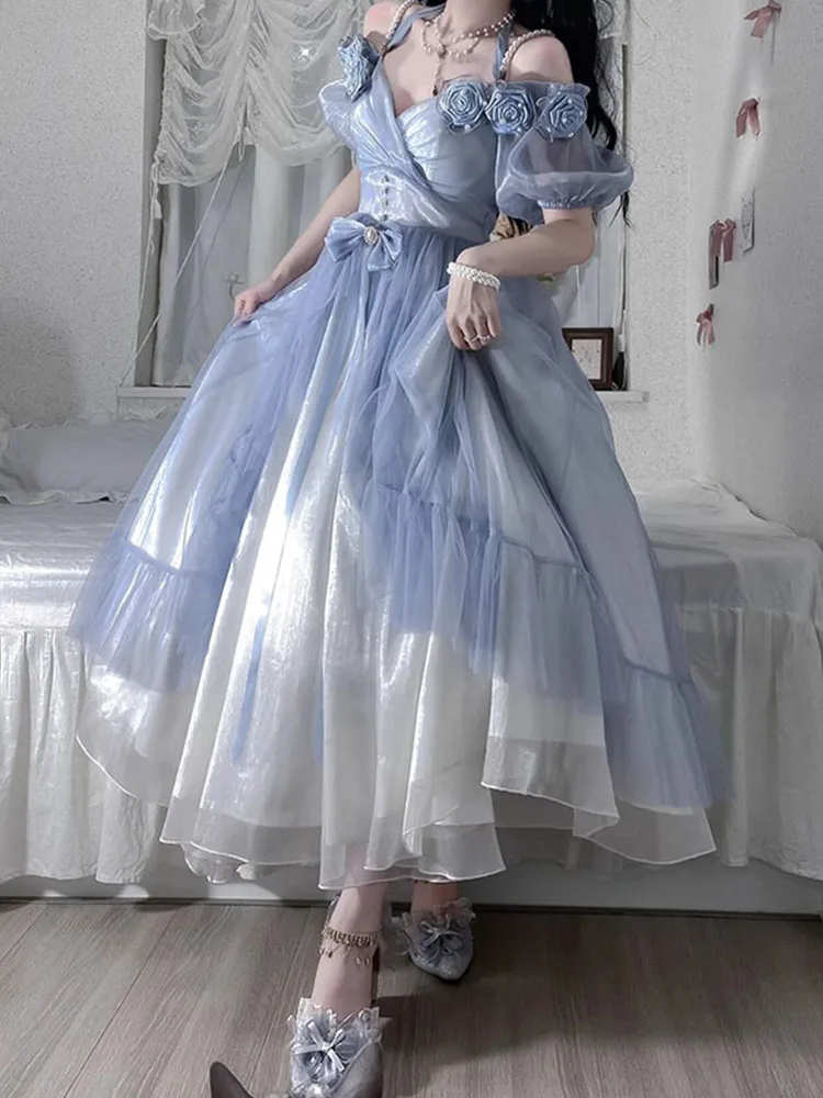 Gradient Blue Three-Dimensional Rose Lolita Dress Strap Flower Wedding Elegant