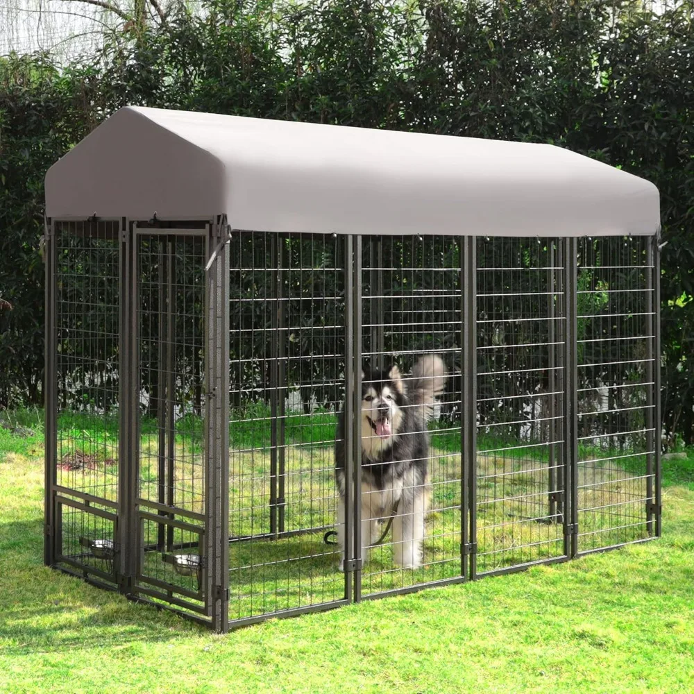 

Outdoor Dog Kennel, Dog Kennel Large w/Rotate Feeding Doors & Upgraded Canopy, Heavy Duty Dog House with Powder