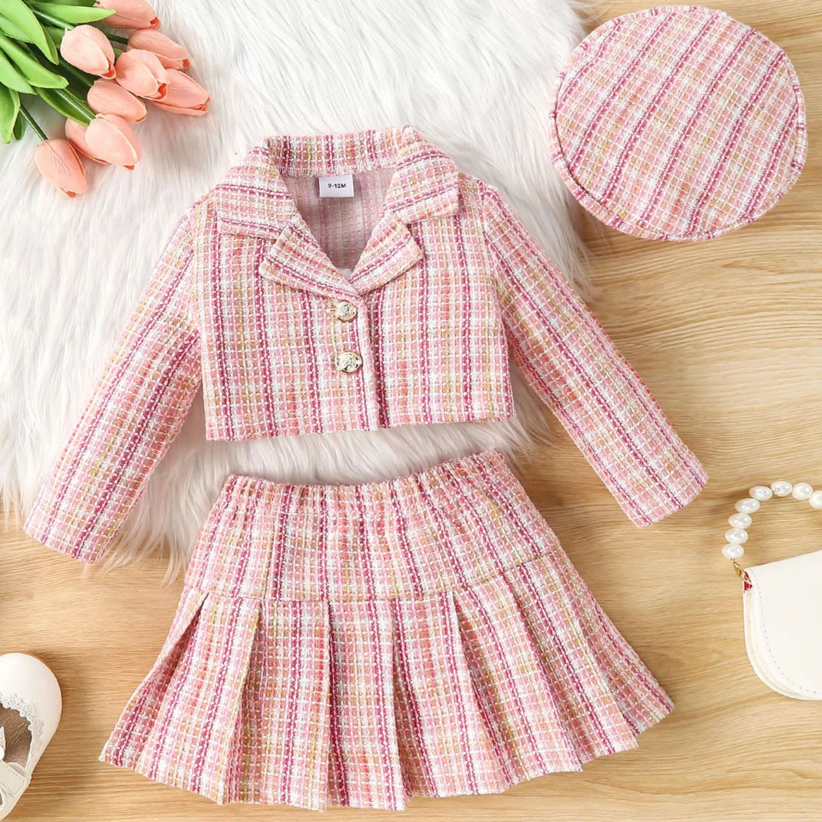 Fashion Kids Girls Spring 3 Piece Outfits Long Sleeve Cropped Blazer Coats + Pleated Mini Skirt+Beret Hat Party Plaid Sets