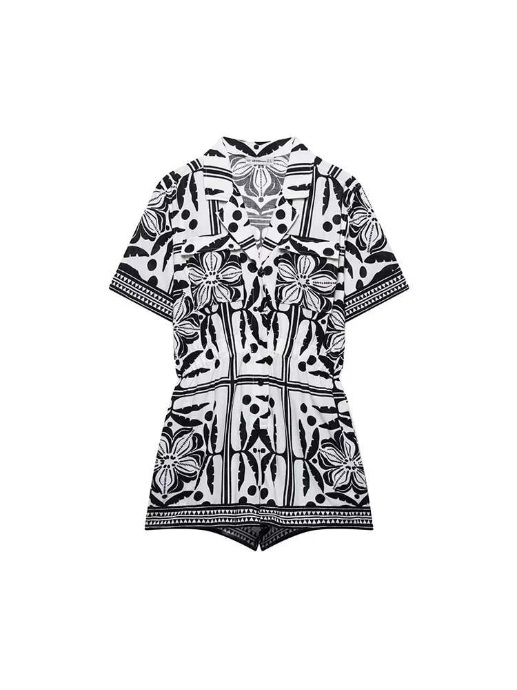 

KUCLUT женские модные однобортные мини-комбинезоны с принтом, винтажные женские шикарные комбинезоны с лацканами и короткими рукавами