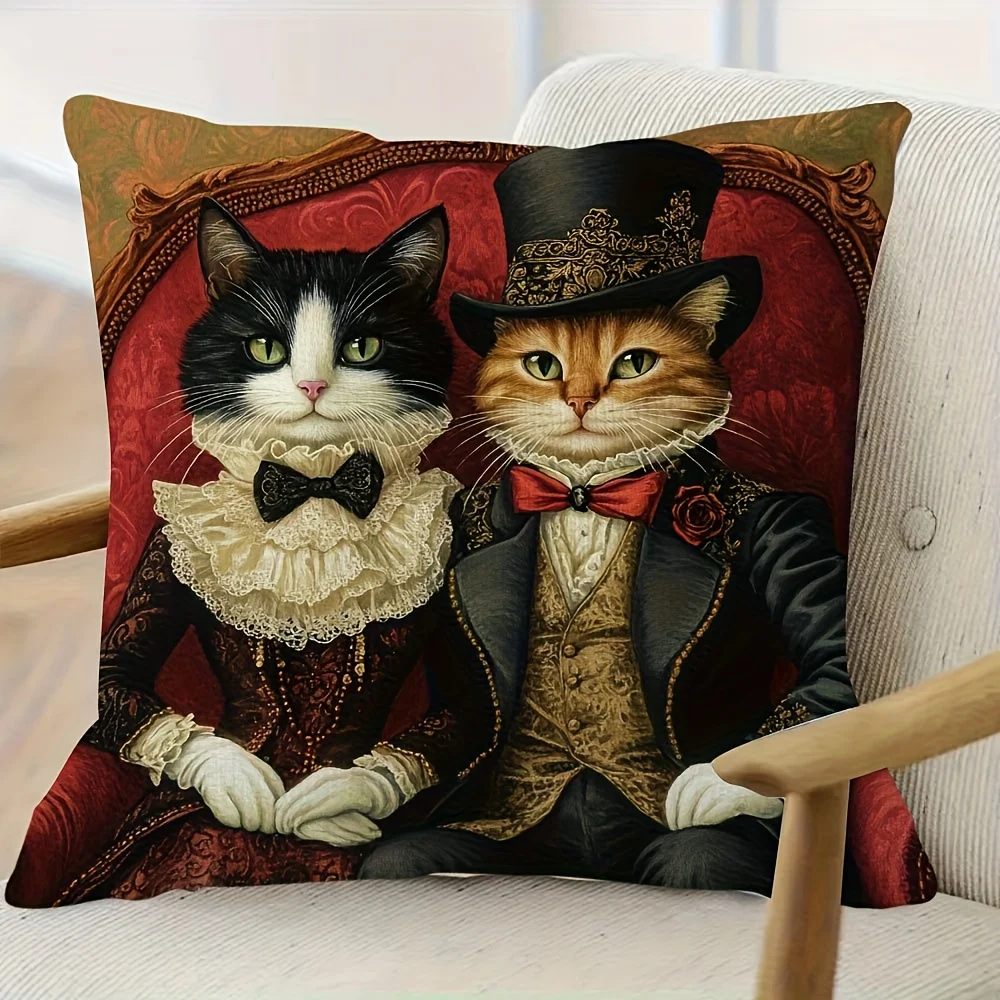1pc Vintage Oil Painting Cat Pillow Cover, 2D Double-Sided Polyester Cushion Case, Classic Gothic Decor Pillowcase, Ideal Gift f