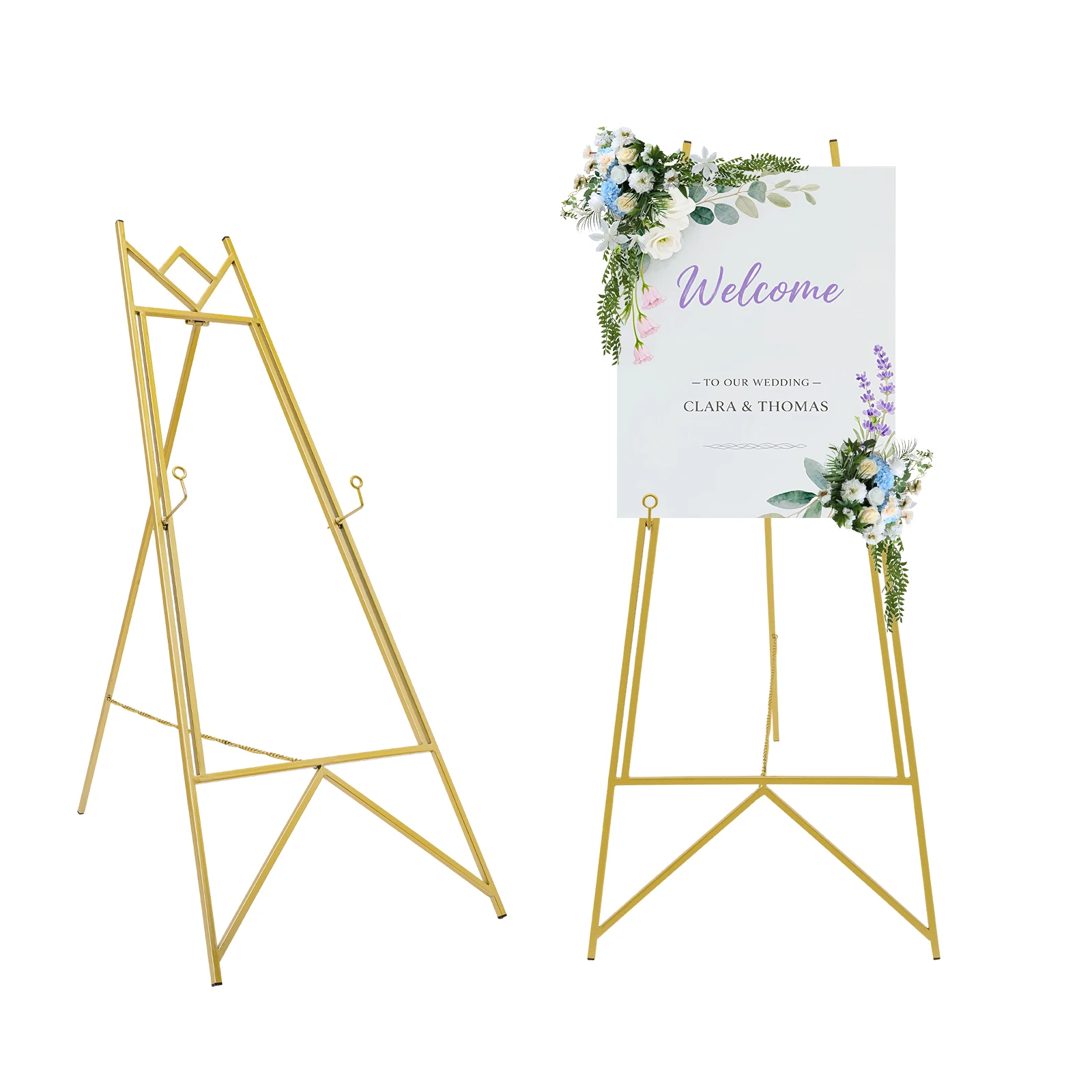 2-Pack Easel Stand Set, Gold Steel Poster Easel Tripod with Adjustable Tilt & 4 Holes, 22 lbs Load for Wedding Sign Display