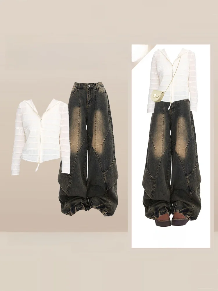 

Chic Long Sleeve Knitted Cardigan Hooded Double Zipper Color Autumn Wear with High Waist Jeans Fashionable Casual Set