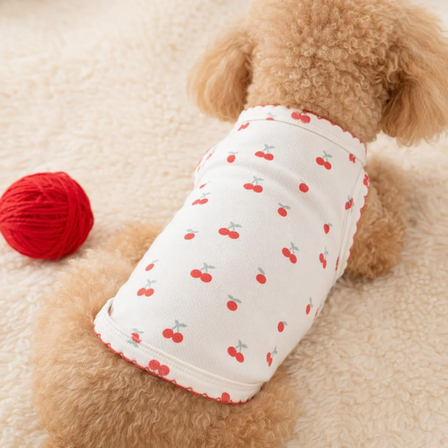 Sommerweste für kleine Hunde, niedliches Kirschmuster, Haustierkleidung, atmungsaktives ärmelloses Welpenshirt aus Baumwolle für Bichon Teddy Cat – Detail 3