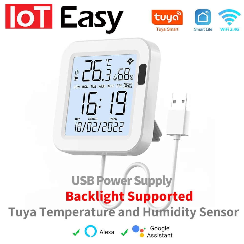 USB Tuya WiFi Smart Temp & Humidity Sensor, Real-Time Backlit Display, Works with Alexa Google Assistant