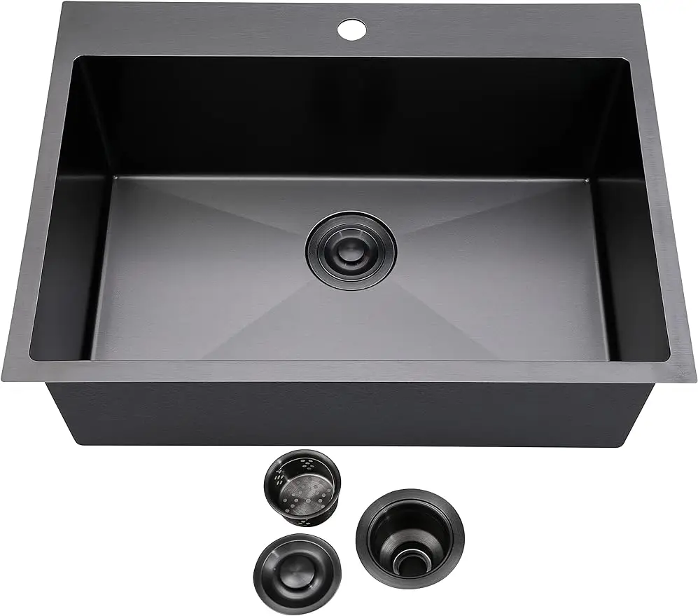 

SHACO 33 Inch Black Kitchen Sink Drop In, 33x22 Large Top Mount Gunmetal Black Farmhouse Sink, Single Bowl Basin 16 Gauge