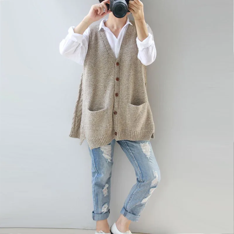Sweater Women 2024 Fashion Knitted Vest Sweater Cardigan Loose Pocket Solid Color Spring Autumn New Style Cardigan Women LXJ5006
