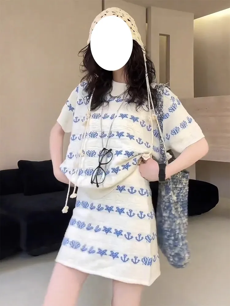 

High Waist Short Sleeve Knitted Set round Neck Summer New Style Women's Fashion Outfit High Quality European And Korean Style