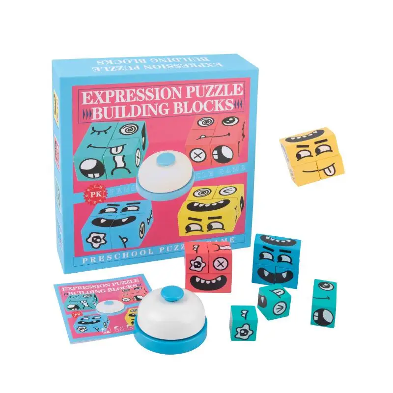 Interactive Wooden Exprion Cube Building Blos Toy for Children Toddler Face Changing Magic Cube Parent Child Game