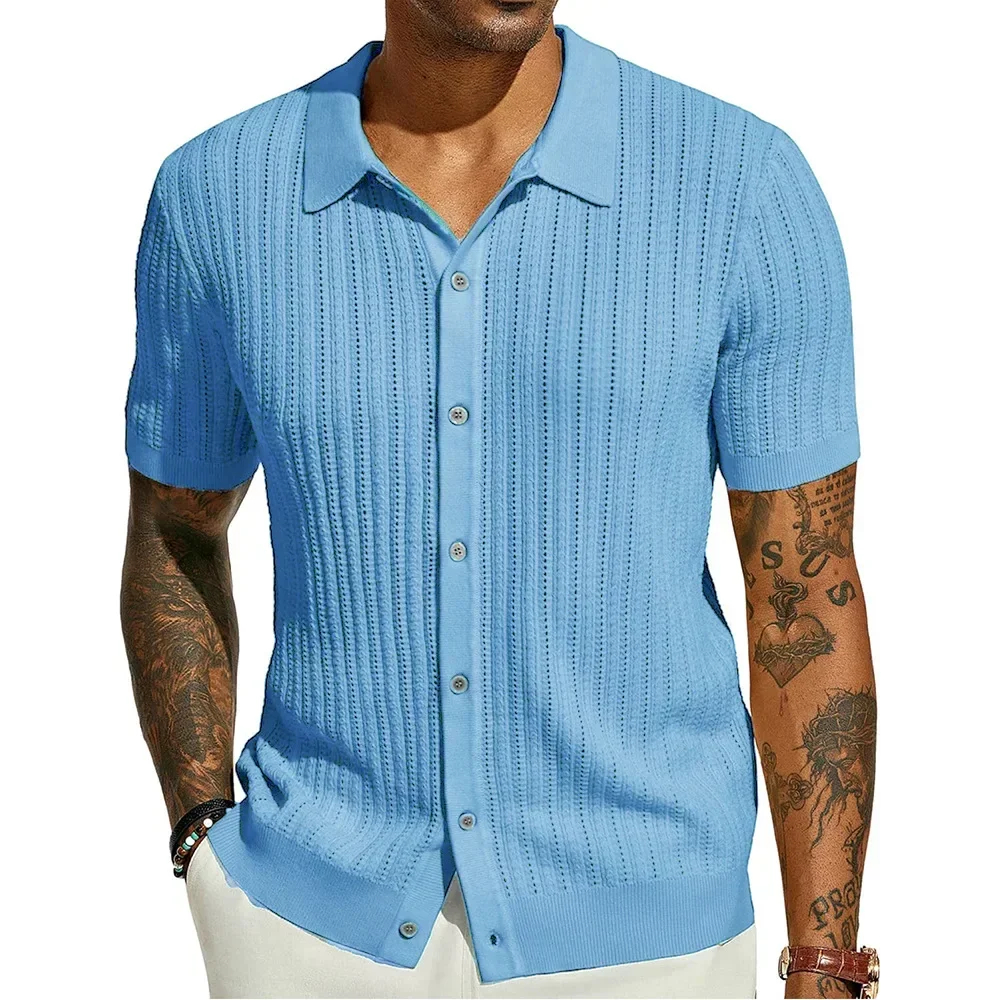 Vintage Knitting Shirts Men Beach Leisure Hollow Out Breathable Solid Color Shirt Mens Cardigan Buttoned Lapel Short Sleeve Tops