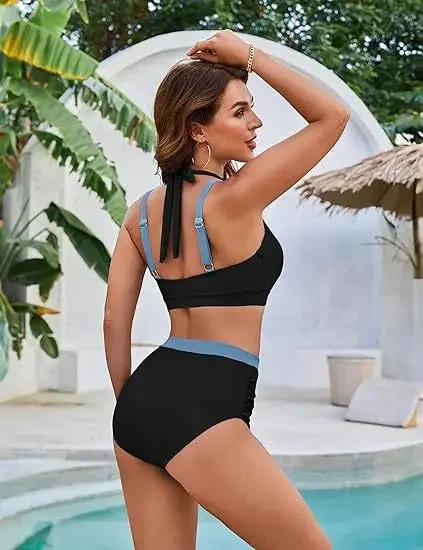 

New Summer Sexy High Waist Two Piece Bikini 2025 Block Color Halter Swimsuit Gathered Bikini Set Sling Women Swimwear Beachwear