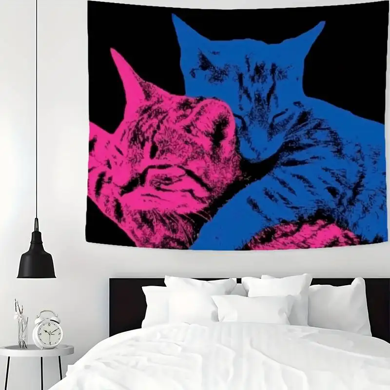 

Pop Art Pink & Blue Cat Tapestry - Bold Colorful Pet Print Wall Hanging for Bedroom Decor