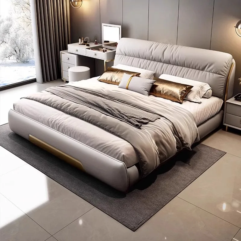 

Leather Modern Double Bed Luxury Backrest Wood Big Teens Adults Double Bed Frame Multifunctional Cama De Casal Home Furniture