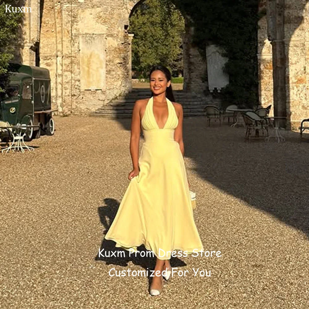 Kuxm Yellow Satin Fashion Evening Dresses Halter Elegant Backless Vestido De Festa Sleeveless Vintage فساتين سهرة Customized
