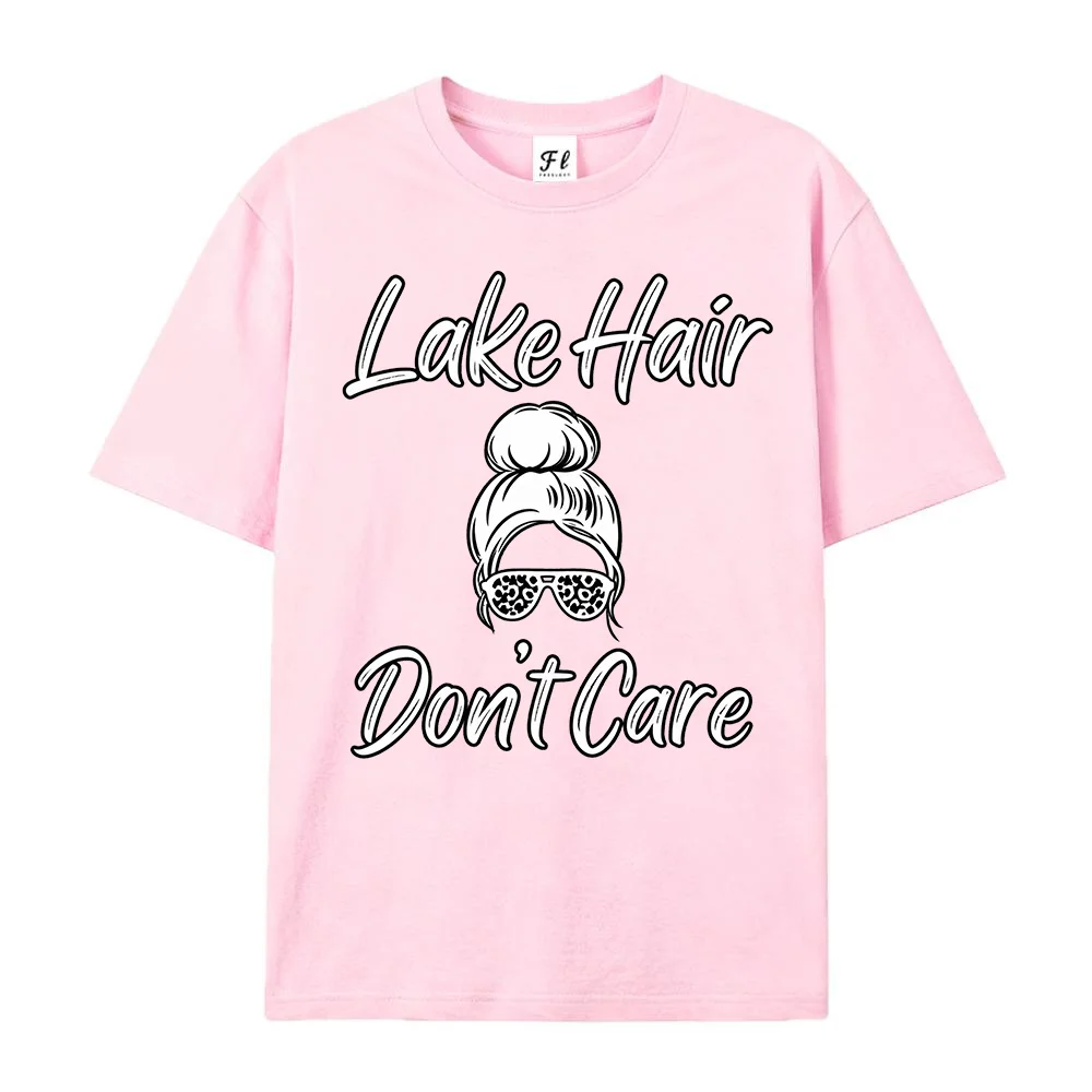 Womens Lake Hair Graphic T Shirts Bun Girl Letter Print Short Sleeve Casual Summer Cotton Tee Tops