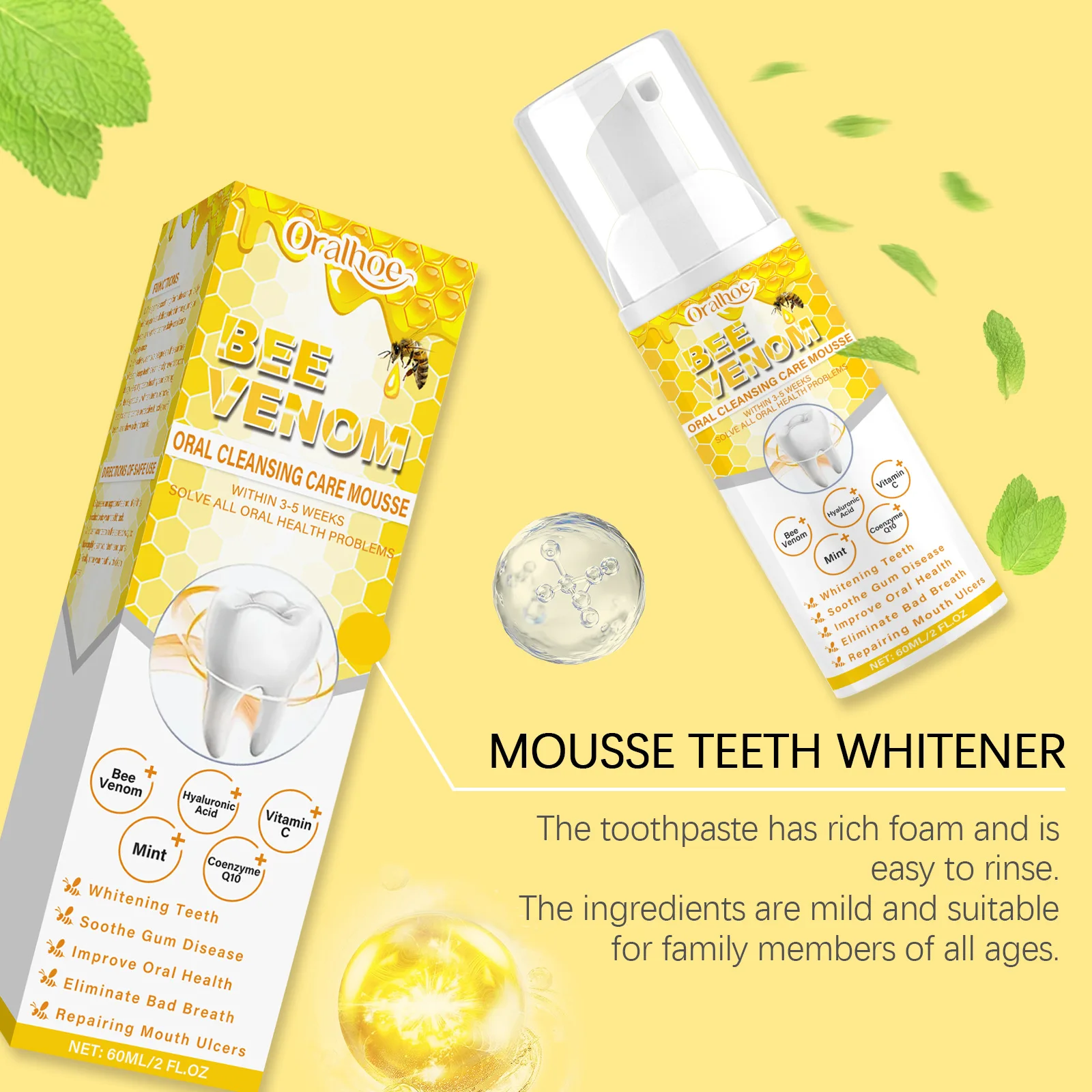 Bee Venom Teeth Clean Mousse Foam Toothpaste Teeth Whitening Remove Coffee Smoke Stain Bad Breath Deep Clean Gum Care Oral Care