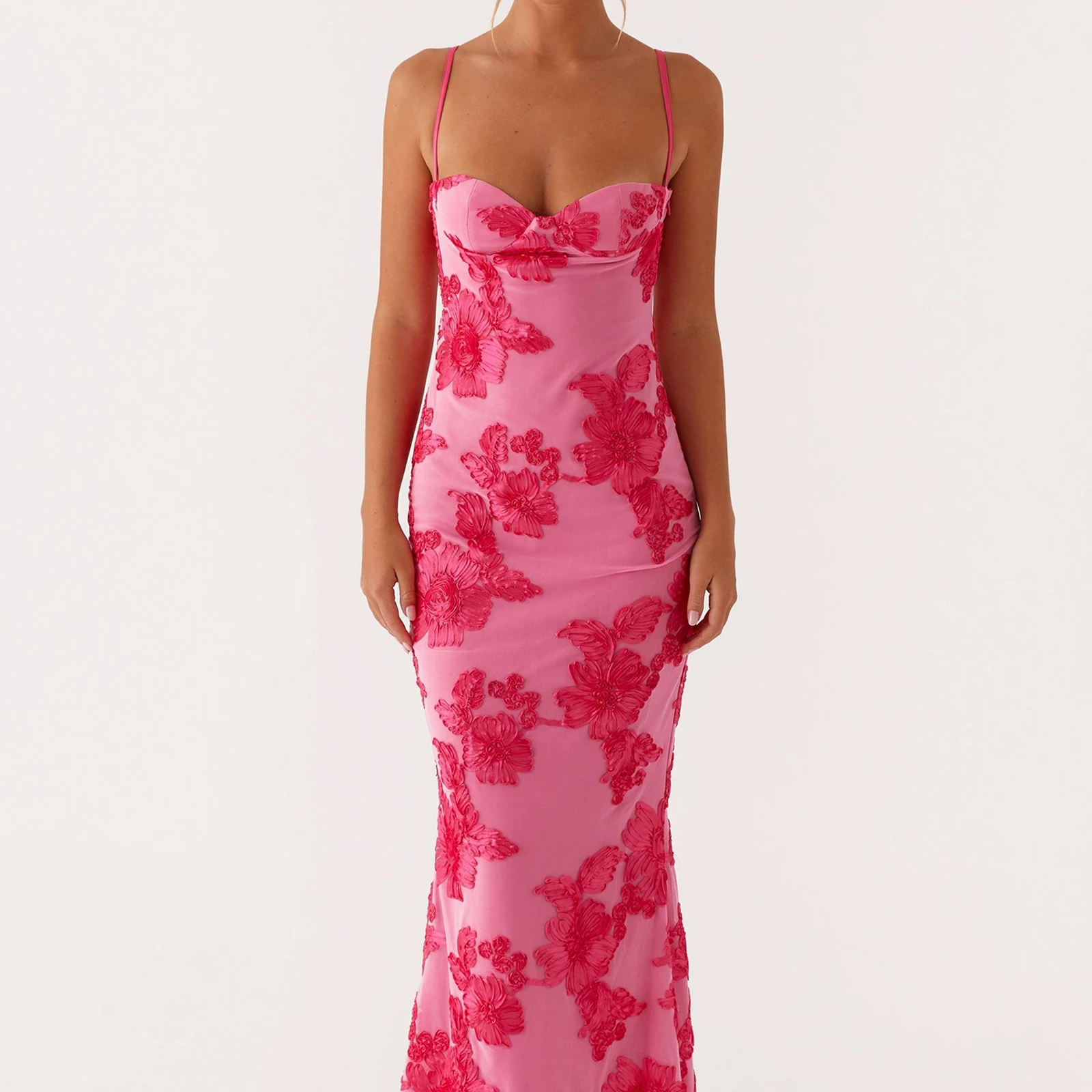 Nieuwe Dames Bloemen Applique Lange Jurk Mouwloze Spaghetti Band Slim Fit Jurk Zomer Strand Jurk Hot Koop S-XL