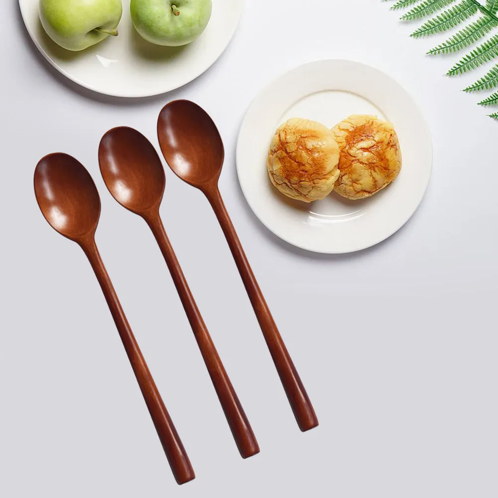 3Pcs Long Handle Iron Wooden Spoons Natural Texture Thin Handle Soup Spoons Wood Serving Tableware Eco Friendly Non Toxic