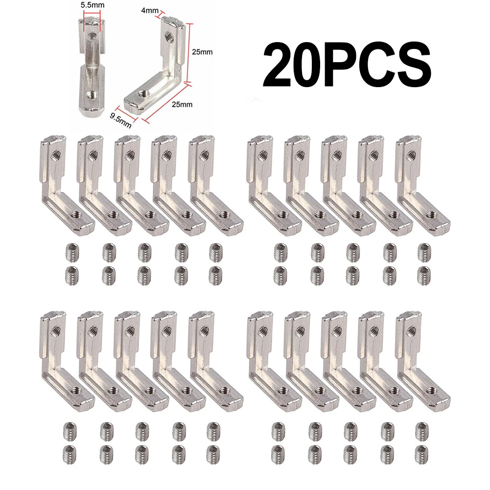 Set of 20 T Slot L Shaped Brackets for Reinforcing Aluminum Profile Corners Rust Resistant Zinc Alloy with Nickel Finish