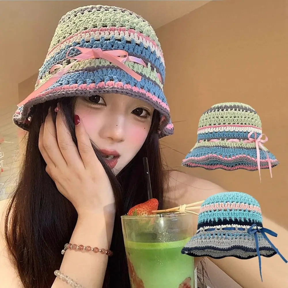 

Ins Handmade Knitted Bucket Hats Bow Ribbon Spring Summer Hollow Basin Cap Y2k Sweet Weave Hats Girls