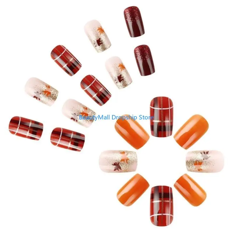 40JD عيد الشكر سقوط ورقة القيقب تصاميم الأظافر كاذبة مربعة غطاء كامل الضغط على مانيكير الأظافر الاصطناعية 24pcs
