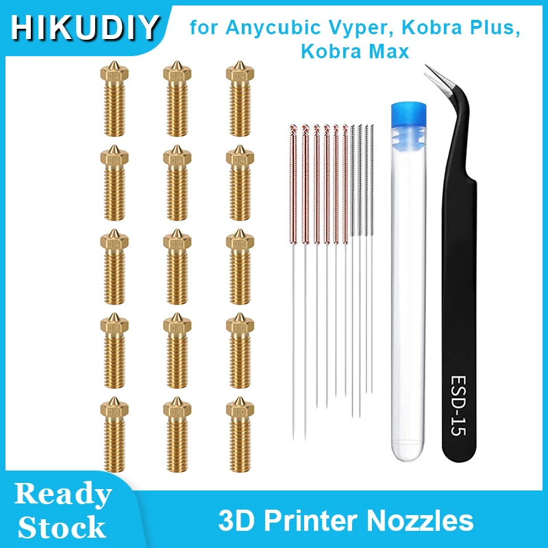 

HIKUDIY 15PCS Volcano Brass Nozzle Kit for Anycubic Vyper, Kobra Plus, Kobra Max 3D Printer (0.4mm*7, 0.2/0.6/0.8/1.0mm *2)