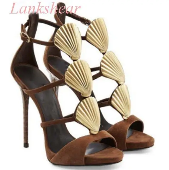 2024 New Women's Fashion Catwalk Open Toe Shell Decorated Stain Stiletto Heels Sandals Ankle Buckle Strap Cover Heel Shoes