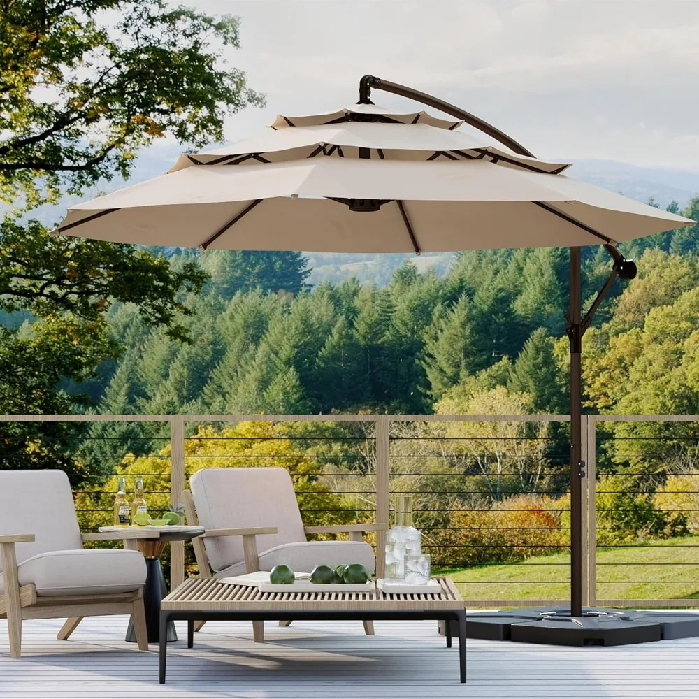 

10ft 3-Tier Offset Cantilever Patio Umbrella with Base Included, Outdoor Umbrellas with Sturdy Frame, 8 Fiberglass Ribs, Infini