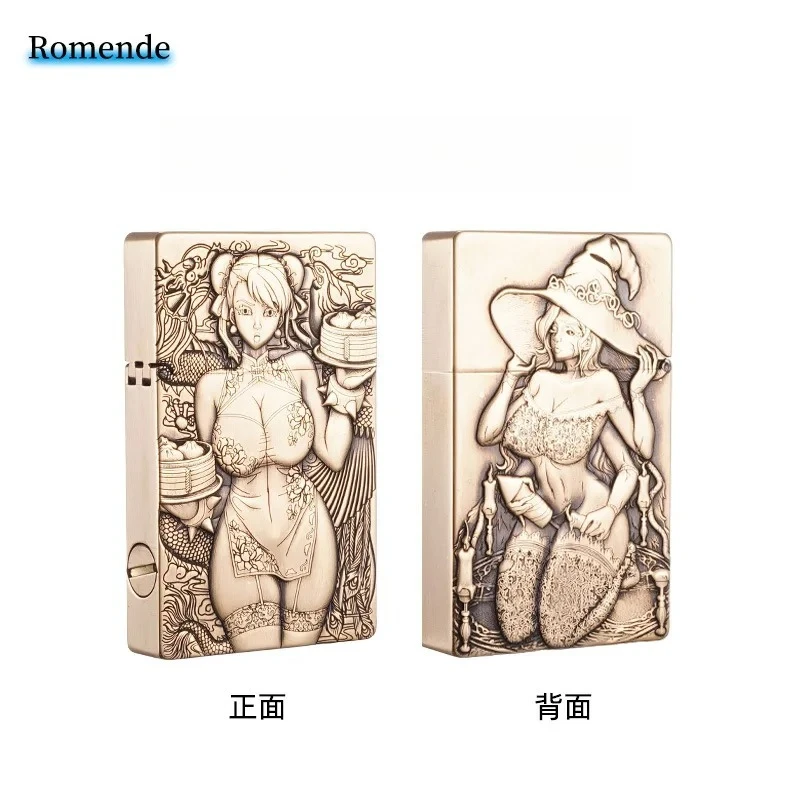 Original Copper Small Heavy Armor Double-sided Exquisite Carving Bun Girl Ultra-thin Relief Oil Lighter Exclusive Gift for Men