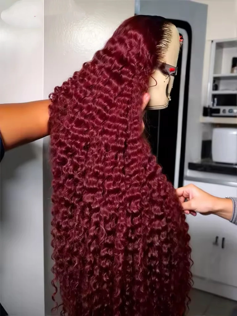99J Red Burgundy 613 Honey Blonde Ginger Color 13X4X1 Lace Front Synthetic Wig Ponytail Deep Curly Prepluck Cosplay Daily Party