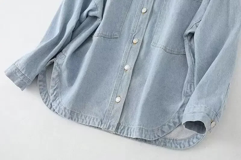 Blusa feminina retrô de mangas compridas com abotoamento, versão solta, tecido jeans, coringa casual, tops chiques, nova moda, 2022