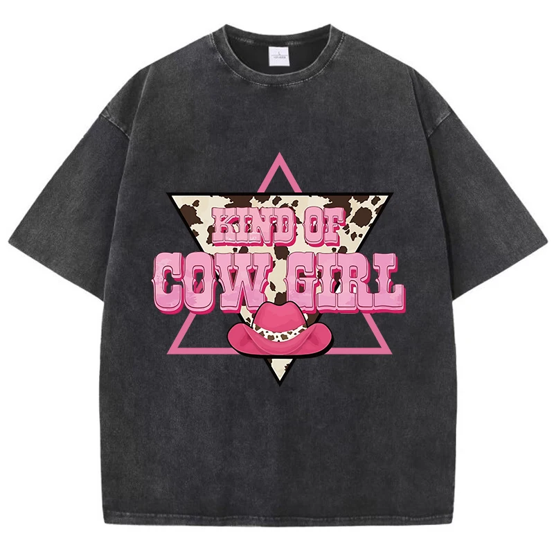 Kind Of Cow Girl Cotton Washed T-Shirt Womens Pink Hat Printing T Shirts O-Neck Oversized Acid Wash Tops Summer Woman Streetwear